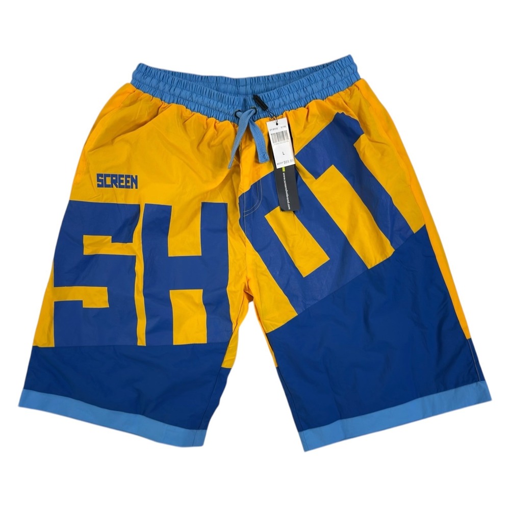 New Screenshot Brand Shorts Mens L Yellow Blue Graphic Swim Trunks